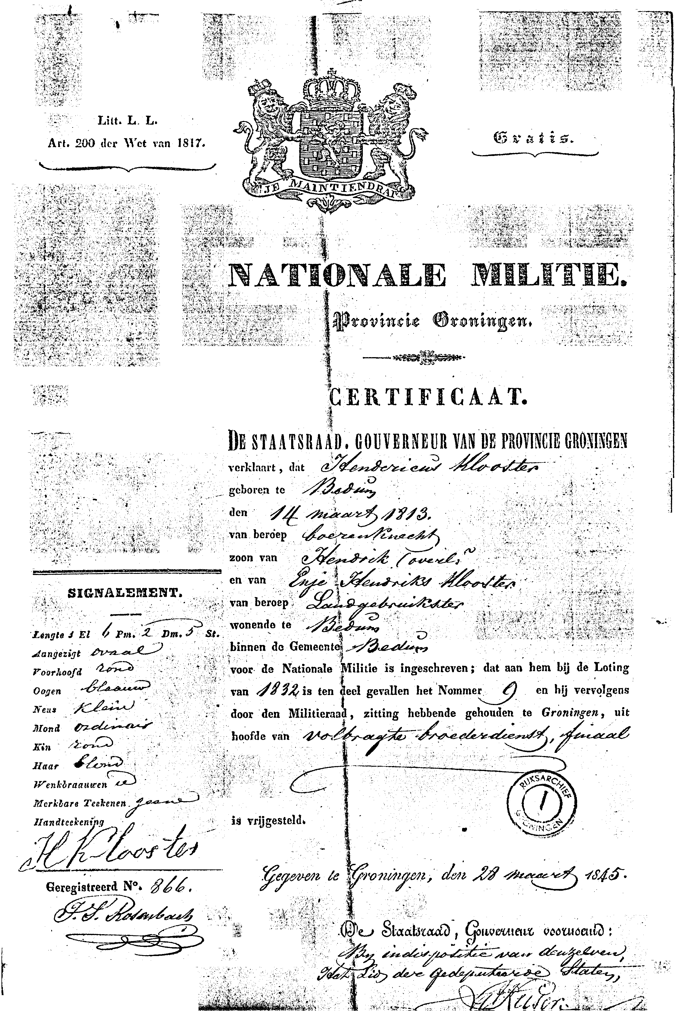 Nationale militie Hinderikus Hindriks Klooster